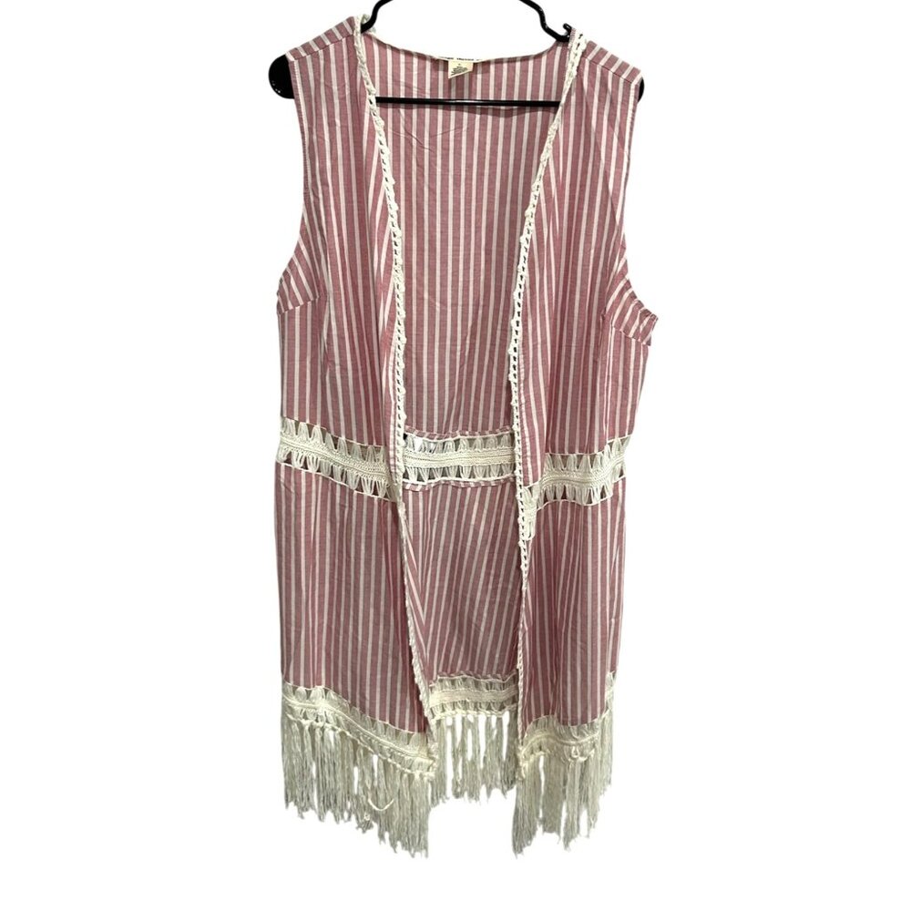 Indigo Thread Co. Striped Open Front Fringe Vest Crochet Details Sz XL